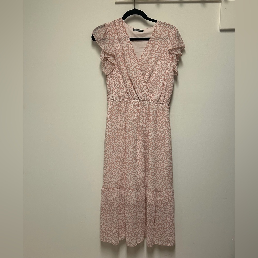 Pink Leopard Print Midi Dress with Ruffle Sleeves